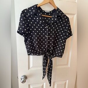 Elm Ave vintage polka dot blouse black white button up tie front small